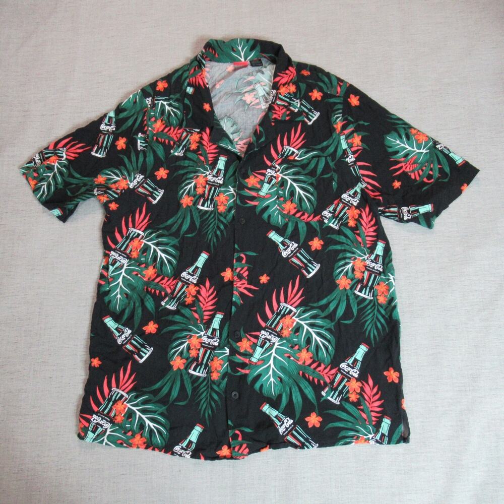 Coca Cola Shirt Mens Size XXL Black Hawaiian Tropical Short Sleeve Button Camp